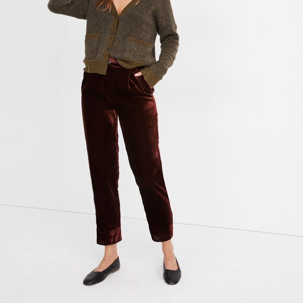 NEW Madewell Womens Velvet Tapered Pleat Pants Small Cabernet Pull On Relaxed
